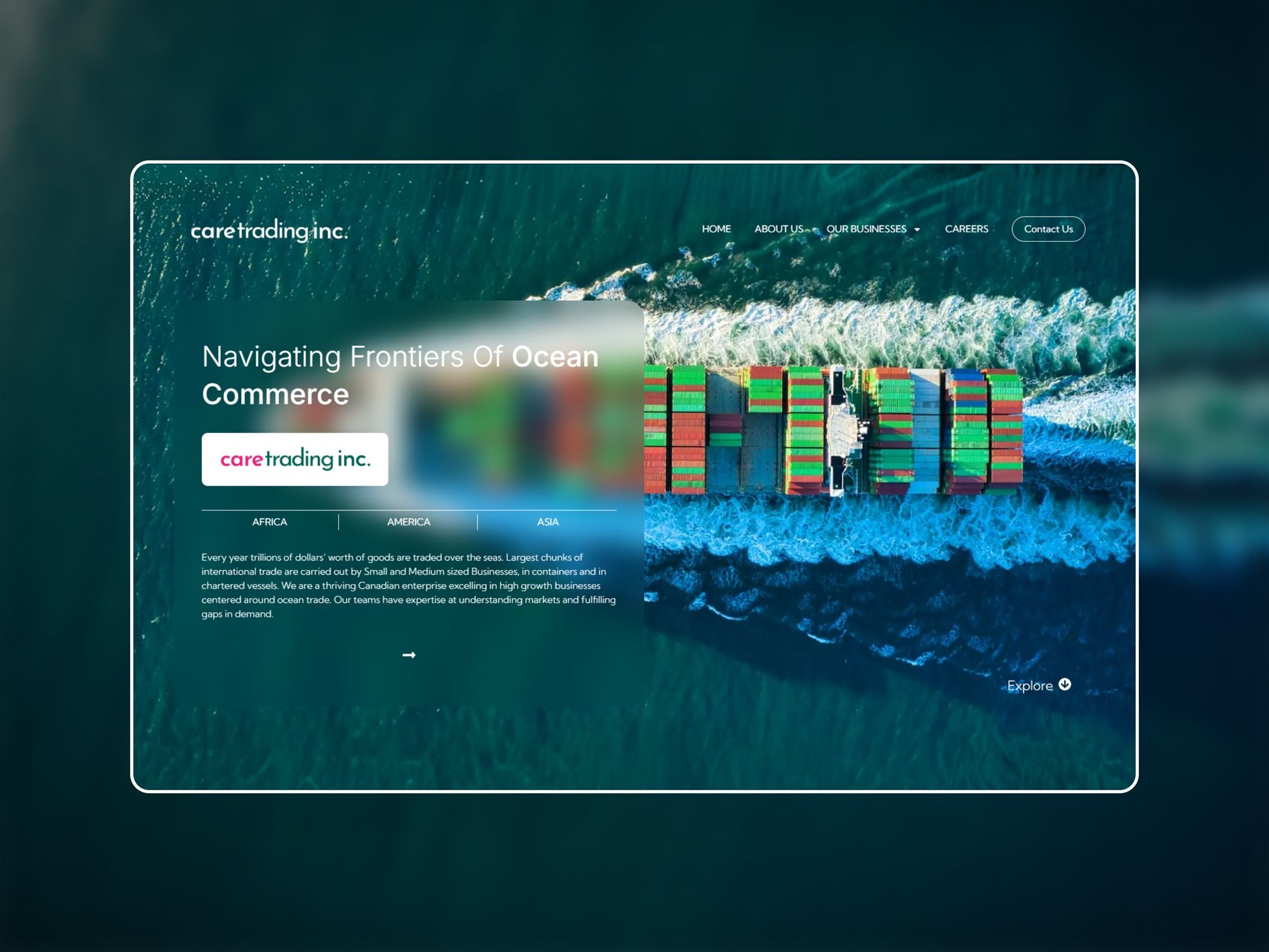 The Care Trading homepage, headed Navigating Frontiers of Ocean Commerce, floating over an aerial photo of a loaded container ship.