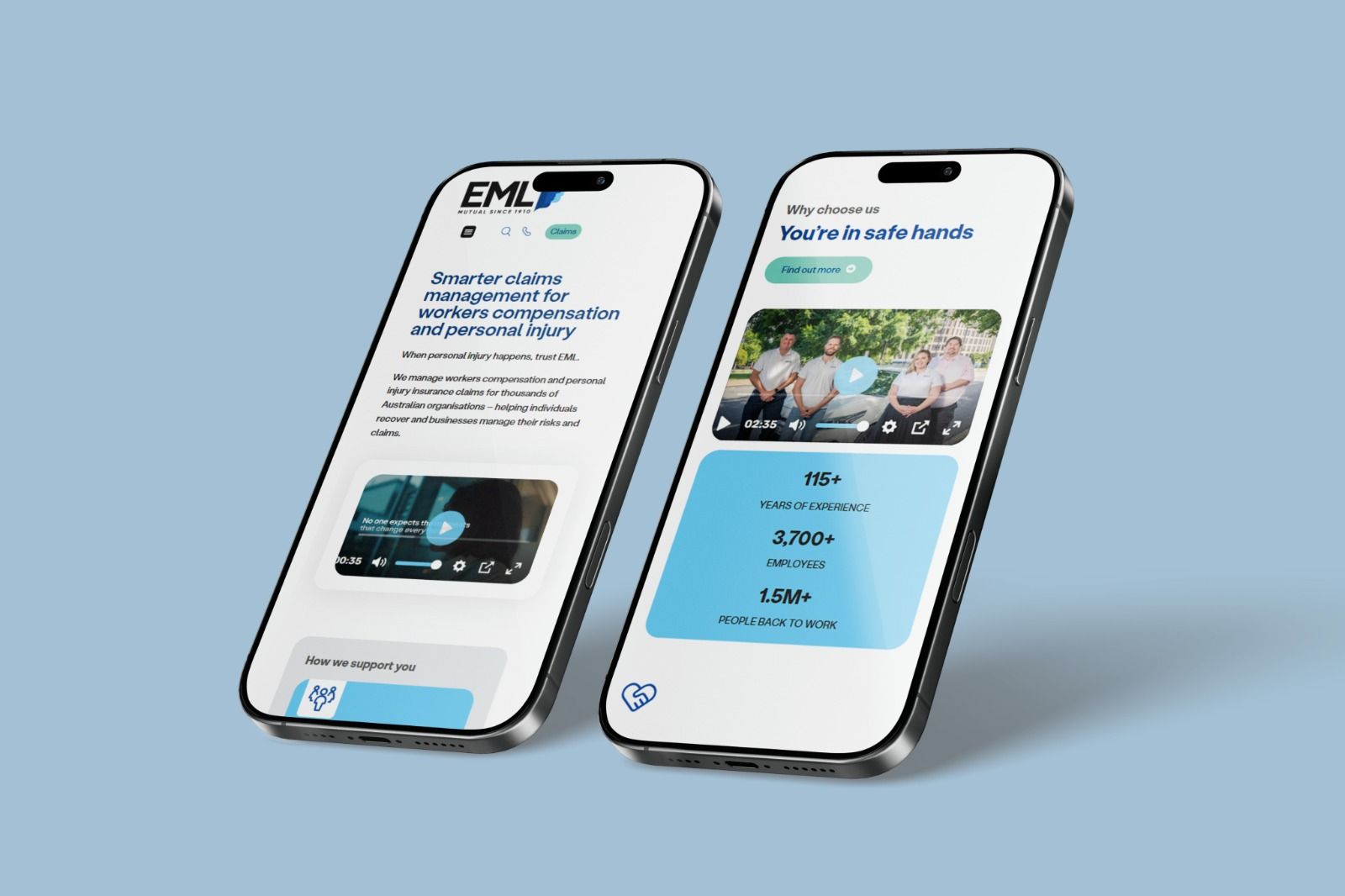 Two phones showing the EML mobile site: claims management copy on one, a video block and key figures on the other.