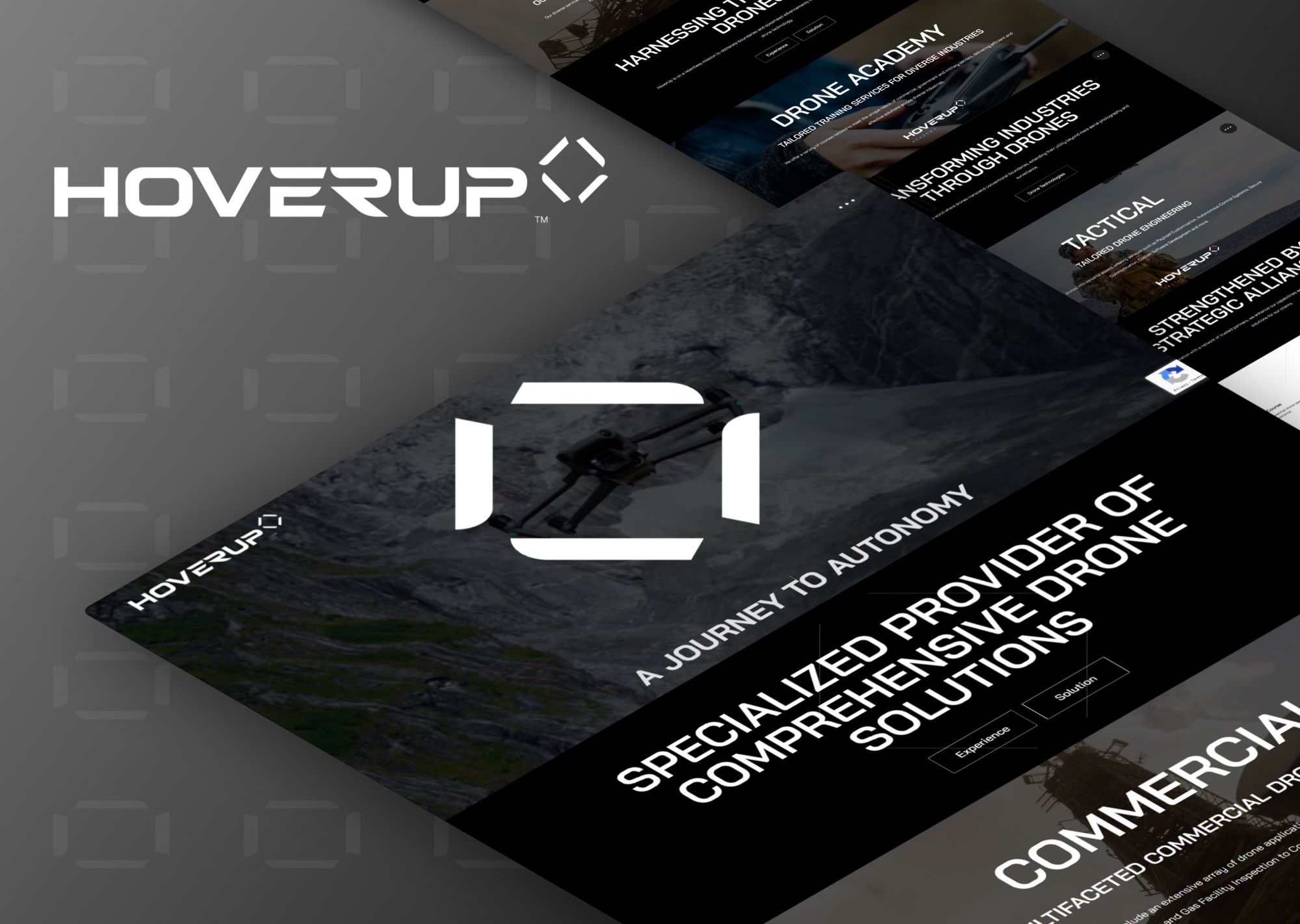 The Hover Up site laid out at an angle on dark grey: the drone wordmark, a frame-shaped logo and service headers for drone surveying and inspection.
