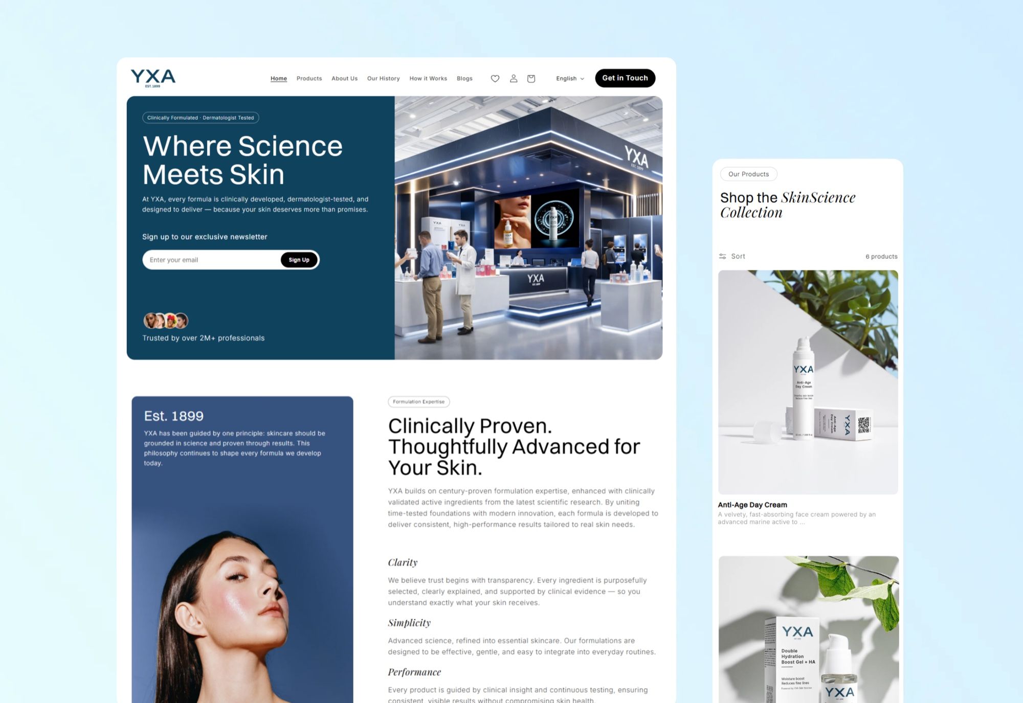 The YXA homepage, headed Where Science Meets Skin with a photo of the brand's trade show stand, next to a product page.